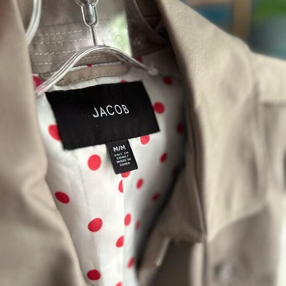 Jacob Y2K Tan Trench Jacket with Red Polka Dot Lining 3/4 Sleeves M - Picture 2 of 16